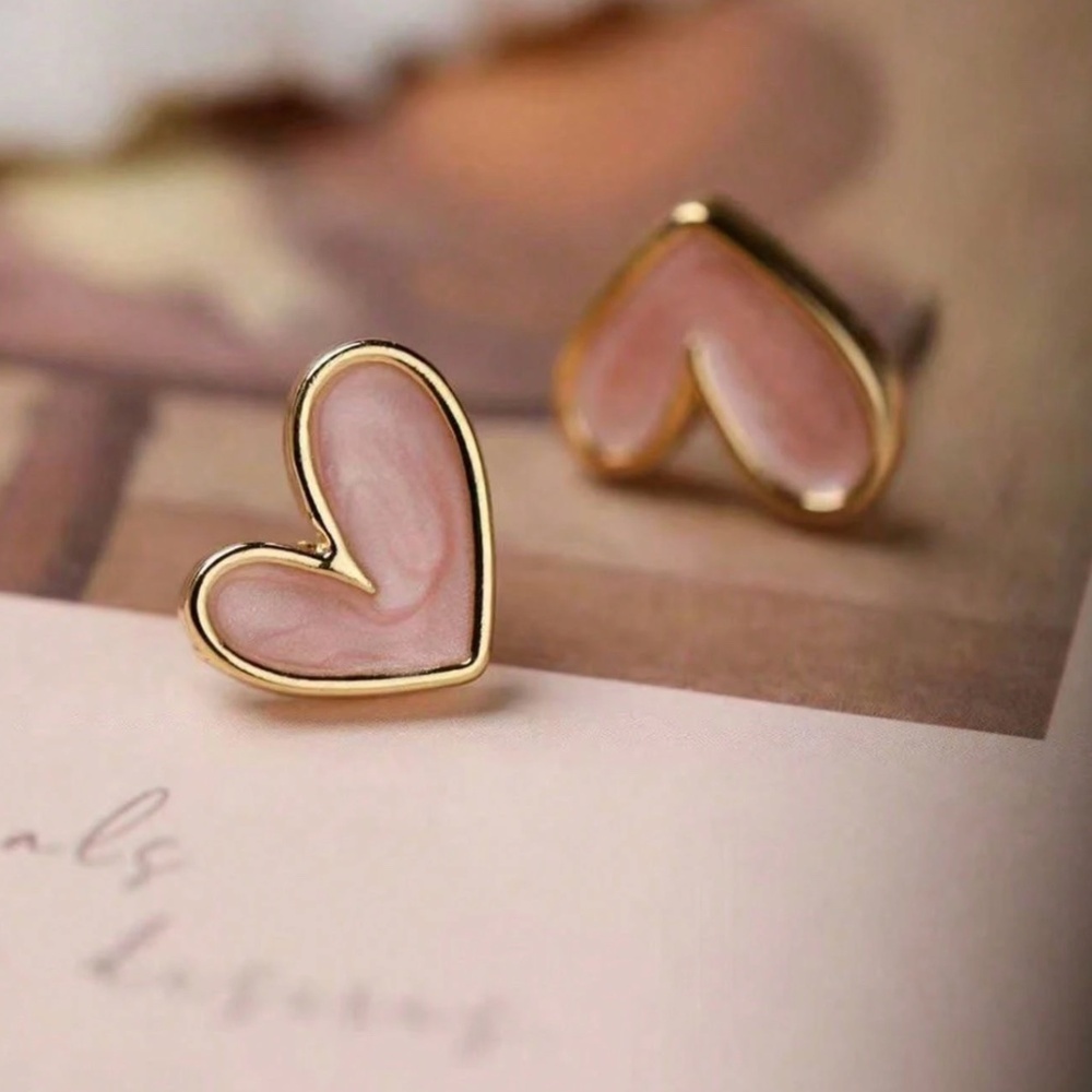 Pink Hearts Stud Earrings Yellow Gold Tone Fashion Jewelry